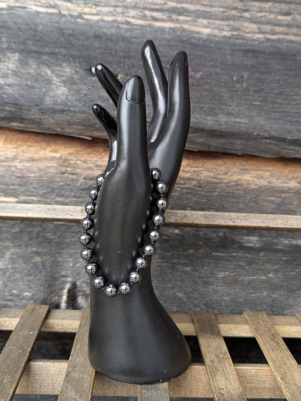Magnetic Hematite Bead Bracelet Gunmetal Grey Metallic Hand Knotted